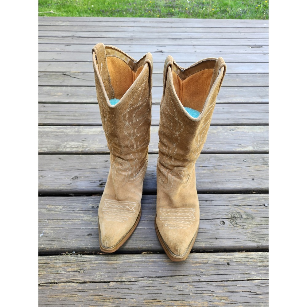 90s y2k Rocket Dog Cowboy Boots Tan Suede Western Pointed Toe Stitching Size 7.5 - Picture 4 of 7